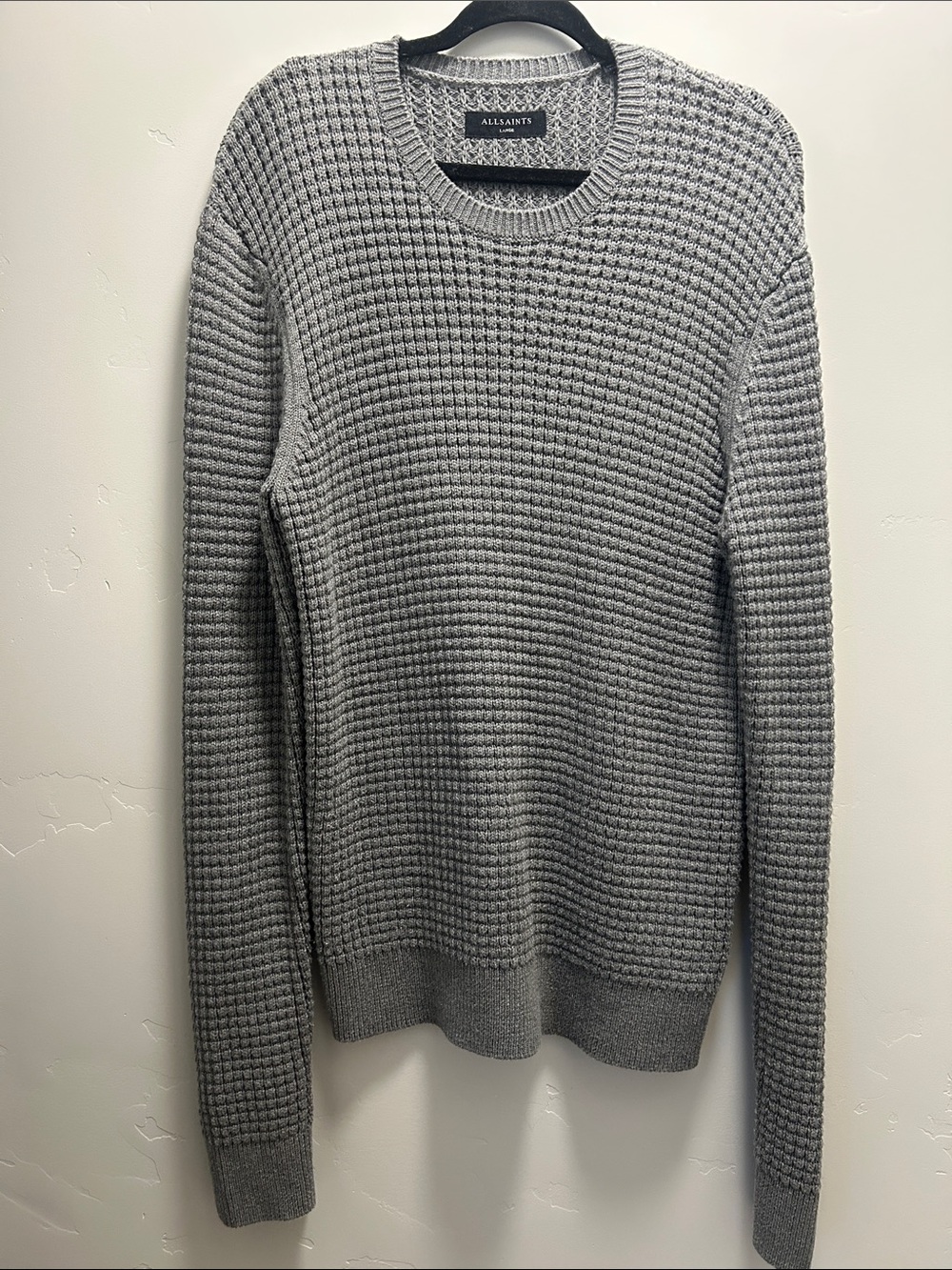 All Saints Men's Grey Waffle Texture Crewneck Sweater